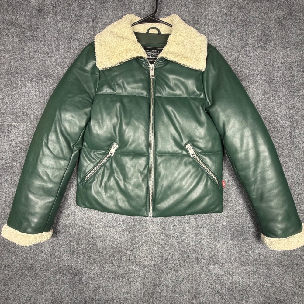 Levis Womens Faux Leather Sherpa Puffer Jacket Green XS LW9RU107 PNE
